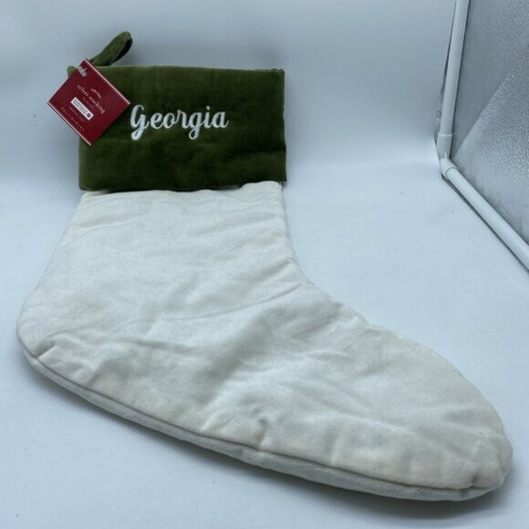 Pottery Barn Georgia Velvet Stocking Christmas Holiday Xmas Monogram Cream Green - Picture 9 of 9